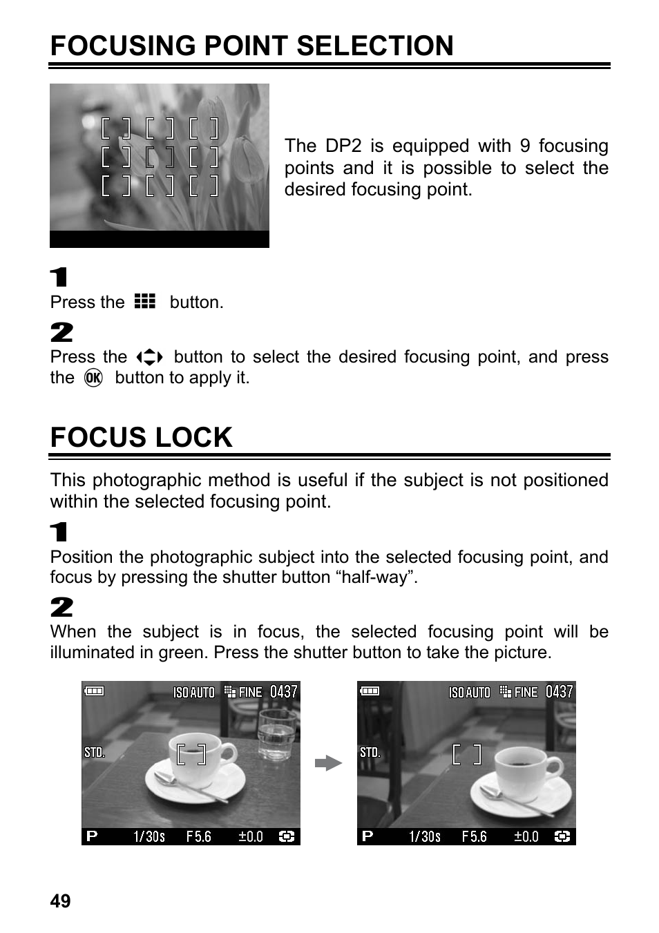 Focusing point selection, Focus lock | SIGMA DP2 User Manual | Page 50 / 120