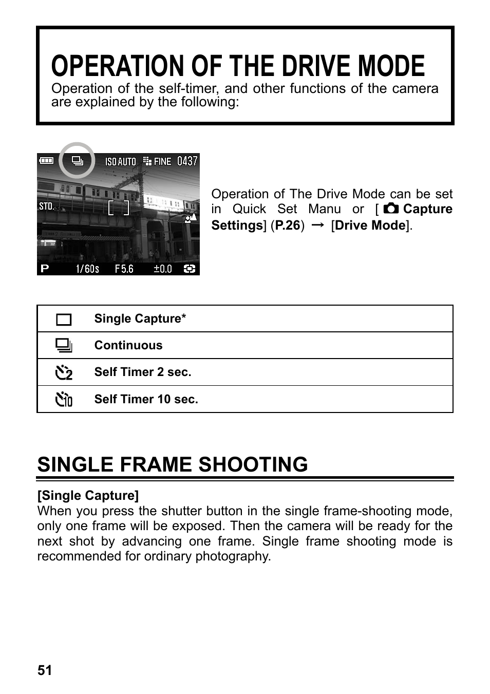 Operation of the drive mode, Single frame shooting | SIGMA DP2 User Manual | Page 52 / 120