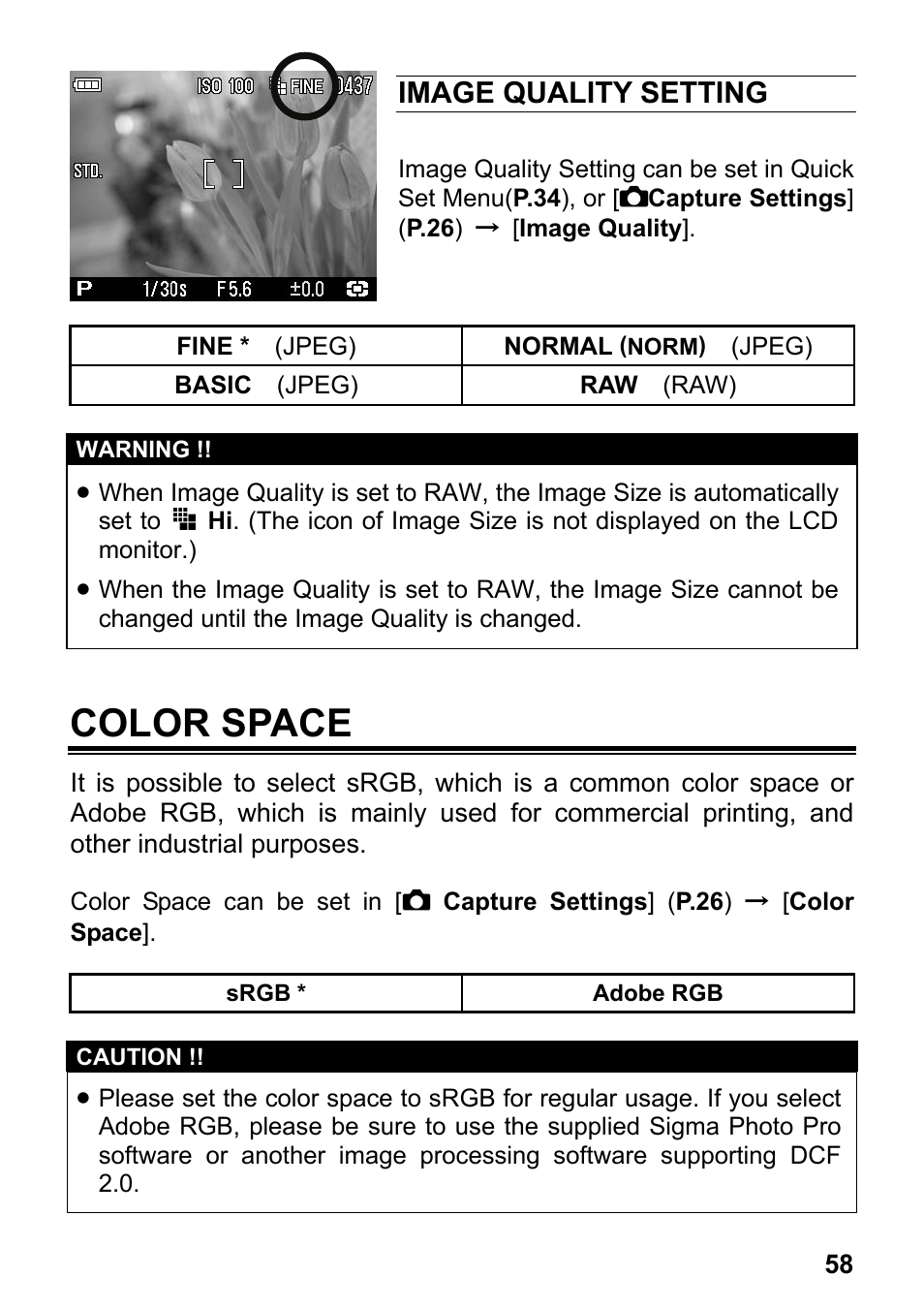 Color space, Image quality setting | SIGMA DP2 User Manual | Page 59 / 120
