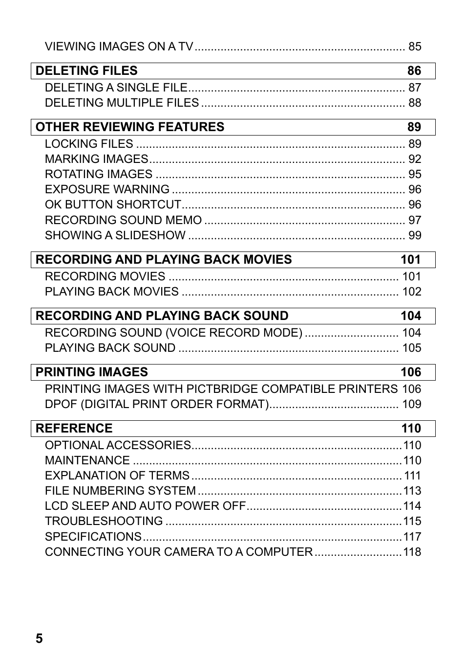 Deleting files 86, Other reviewing features 89, Recording and playing back movies 101 | Recording and playing back sound 104, Printing images 106, Reference 110 | SIGMA DP2 User Manual | Page 6 / 120