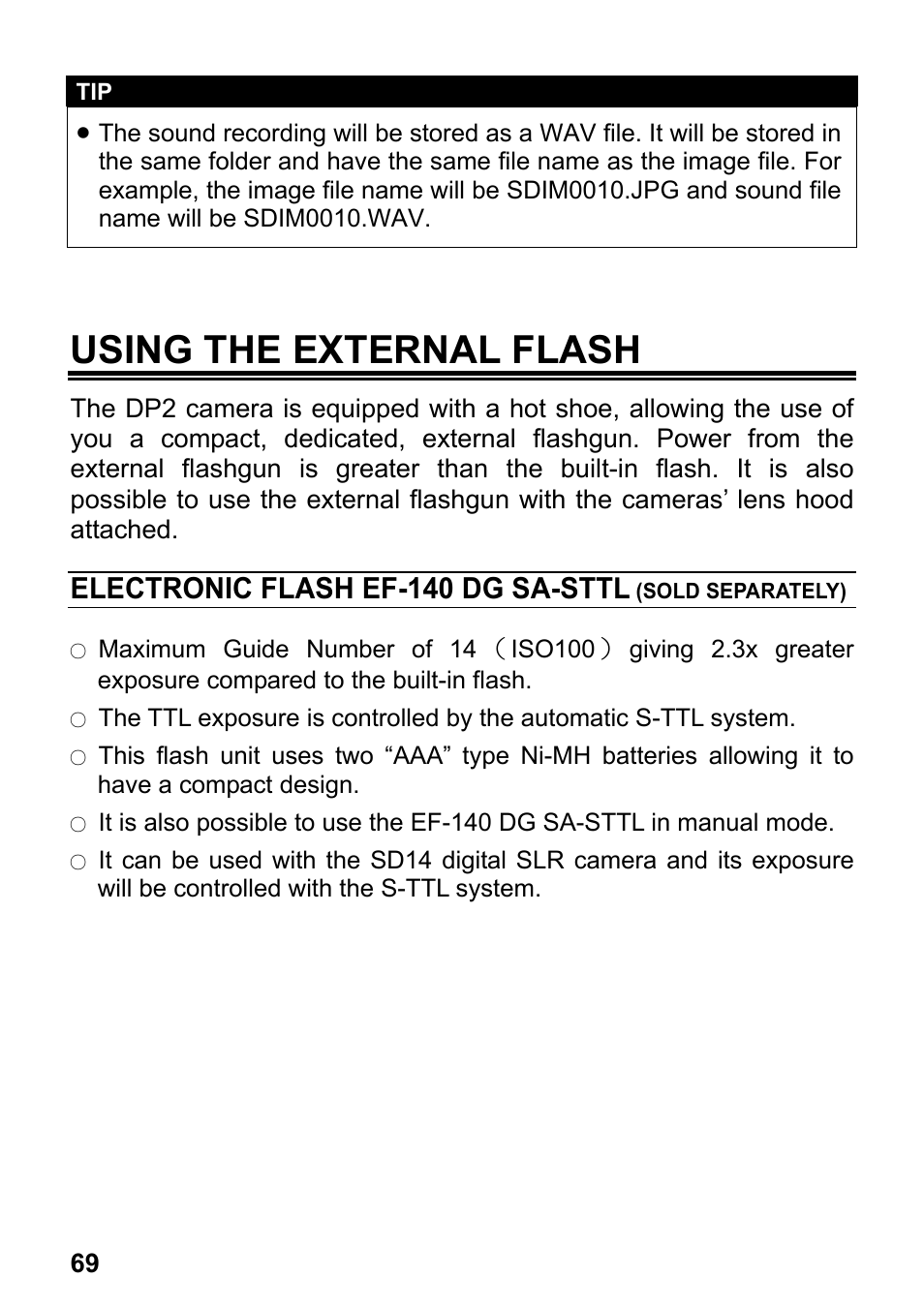 Using the external flash, Electronic flash ef-140 dg sa-sttl | SIGMA DP2 User Manual | Page 70 / 120