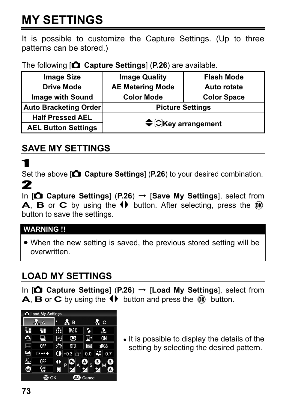 My settings, Save my settings, Load my settings | SIGMA DP2 User Manual | Page 74 / 120
