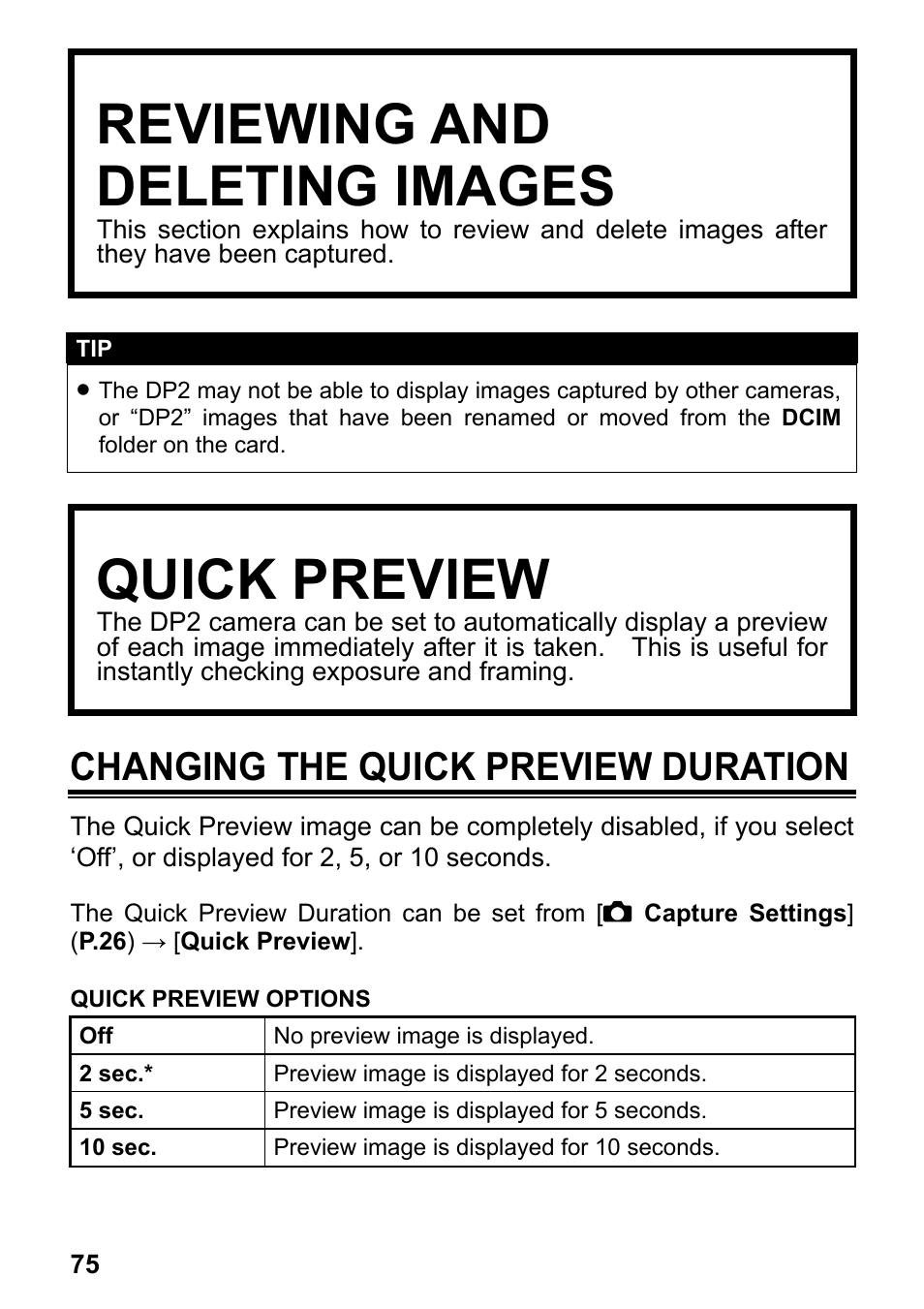 Reviewing and deleting images, Quick preview, Changing the quick preview duration | SIGMA DP2 User Manual | Page 76 / 120