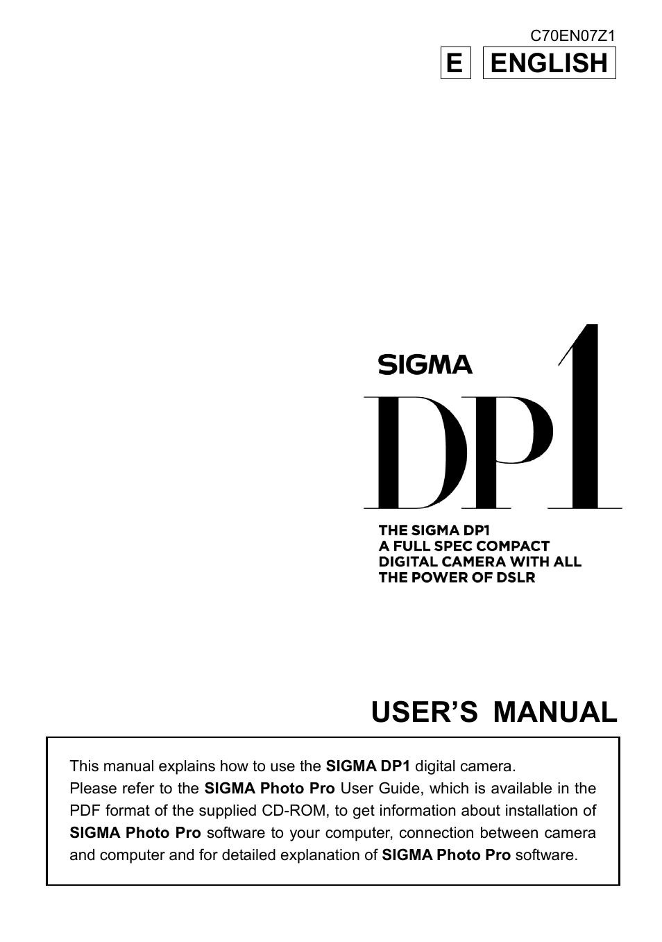 SIGMA Digital Compact Camera DP1 User Manual | 112 pages