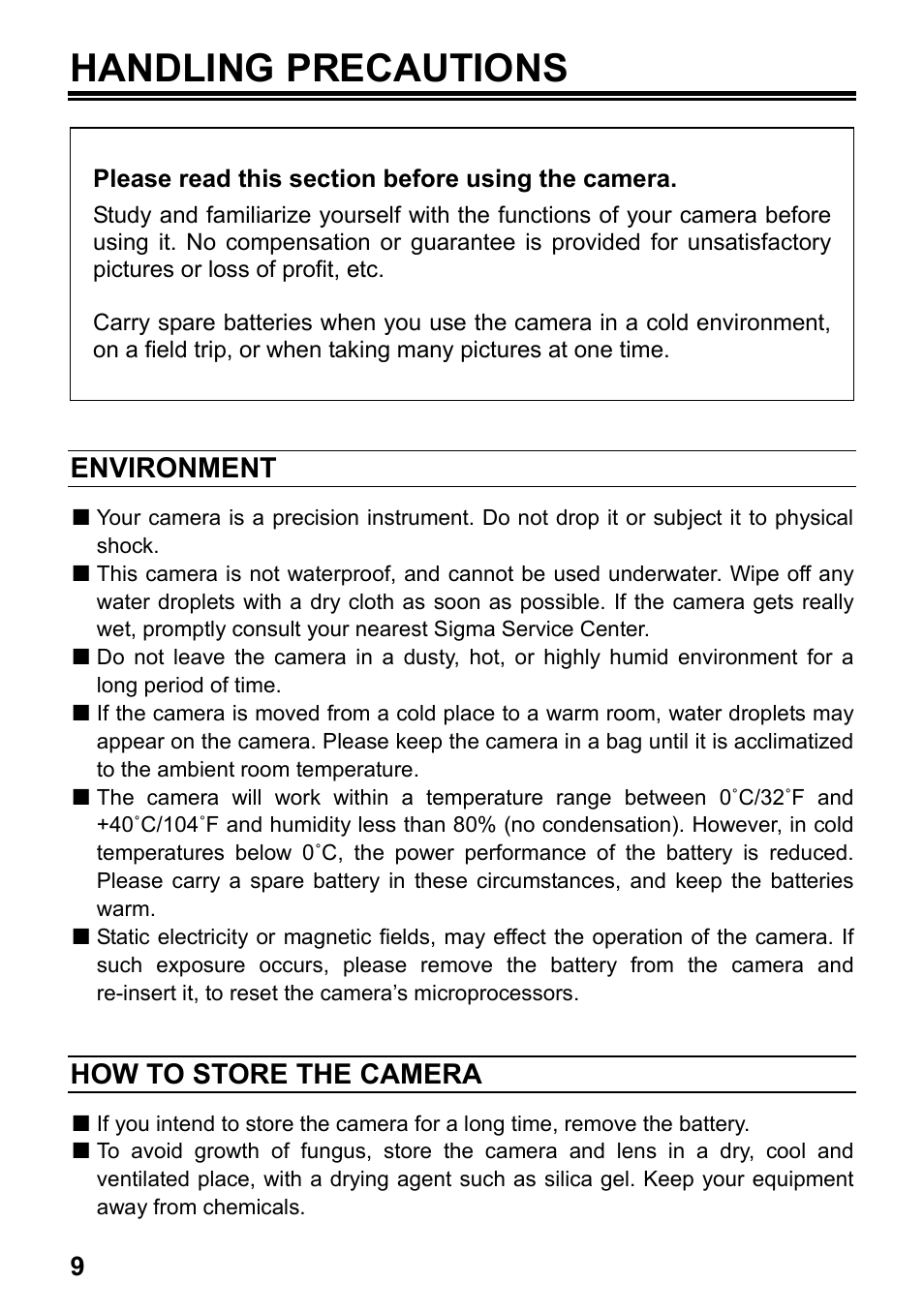 Handling precautions, Environment, How to store the camera | SIGMA Digital Compact Camera DP1 User Manual | Page 10 / 112