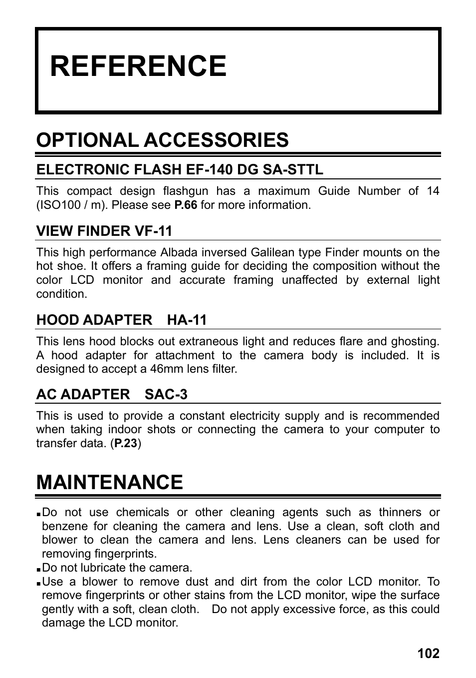 Reference, Optional accessories, Maintenance | SIGMA Digital Compact Camera DP1 User Manual | Page 103 / 112