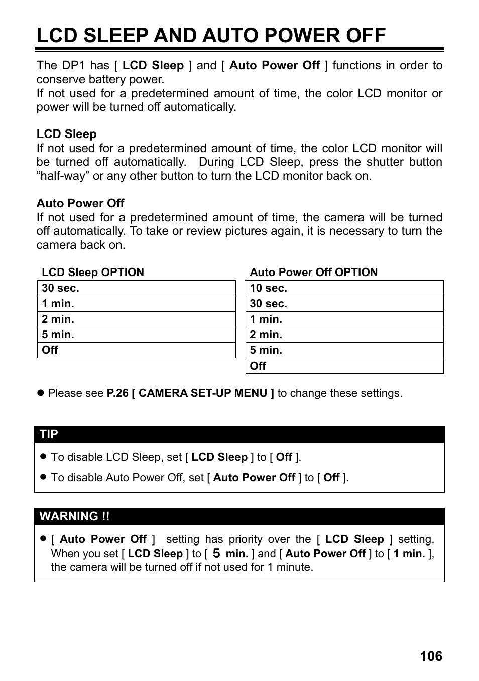 Lcd sleep and auto power off | SIGMA Digital Compact Camera DP1 User Manual | Page 107 / 112