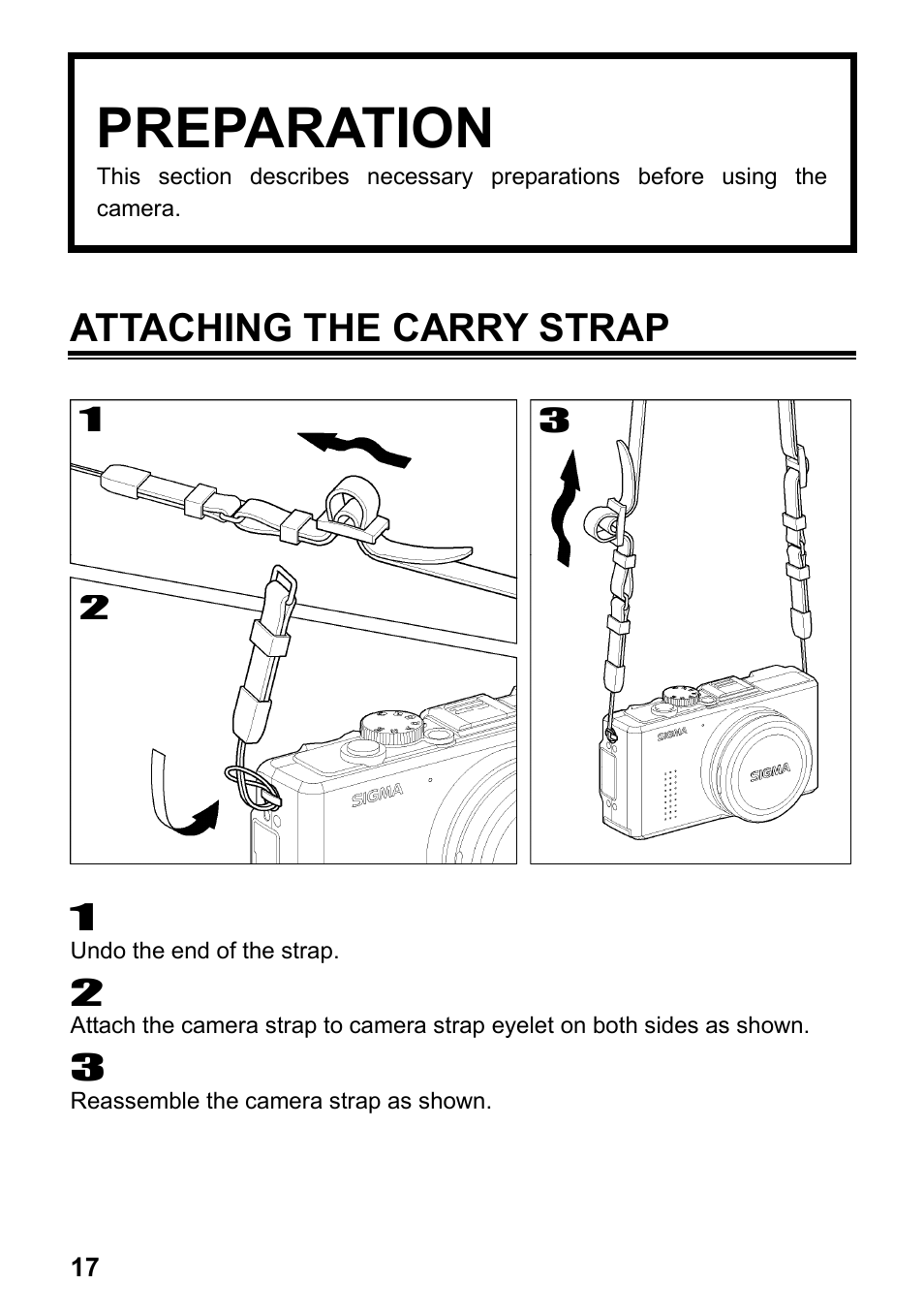 Preparation, Attaching the carry strap | SIGMA Digital Compact Camera DP1 User Manual | Page 18 / 112