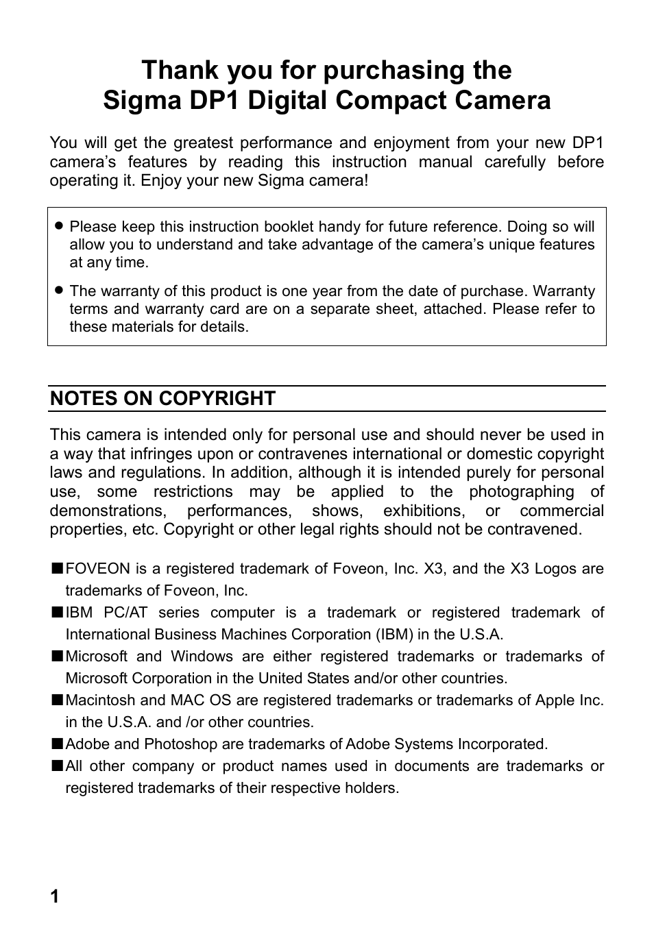 SIGMA Digital Compact Camera DP1 User Manual | Page 2 / 112