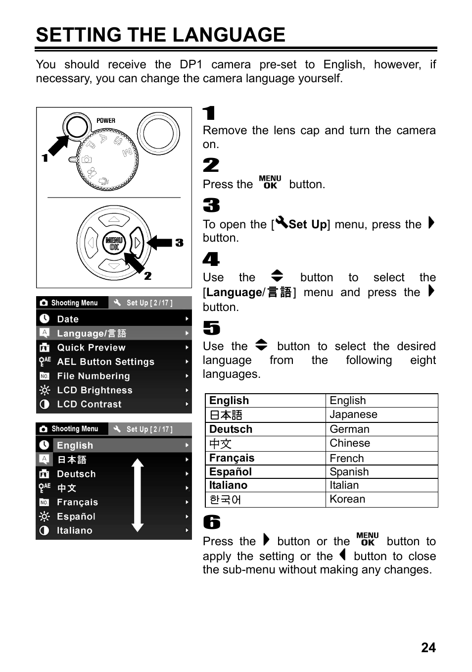 Setting the language | SIGMA Digital Compact Camera DP1 User Manual | Page 25 / 112