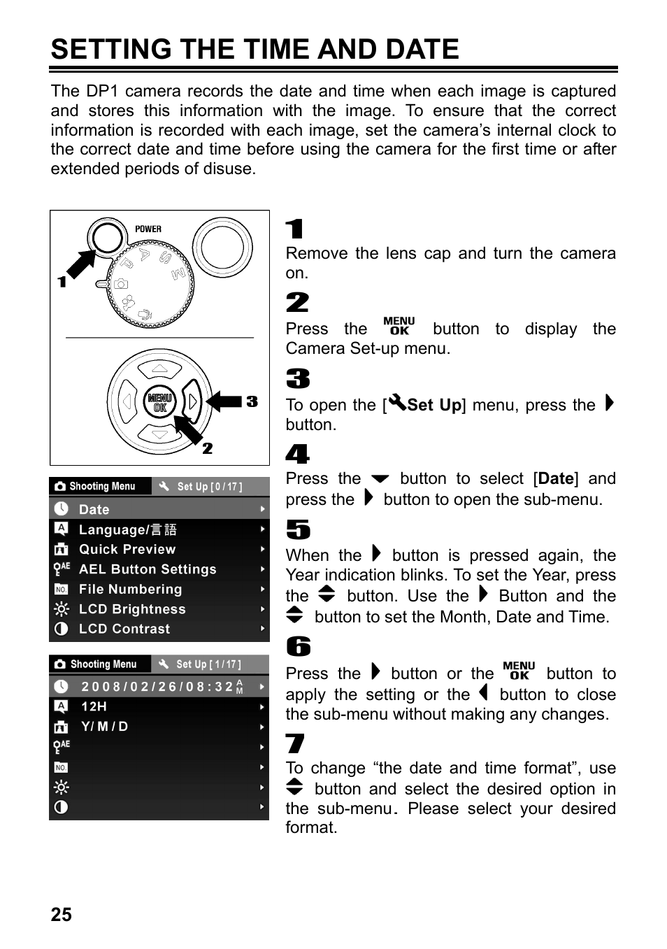 Setting the time and date | SIGMA Digital Compact Camera DP1 User Manual | Page 26 / 112