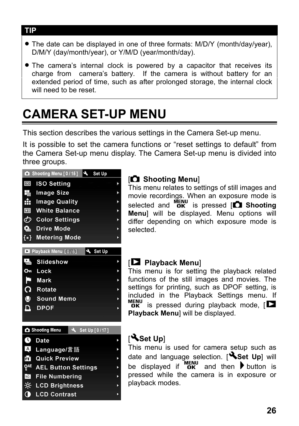 Camera set-up menu | SIGMA Digital Compact Camera DP1 User Manual | Page 27 / 112