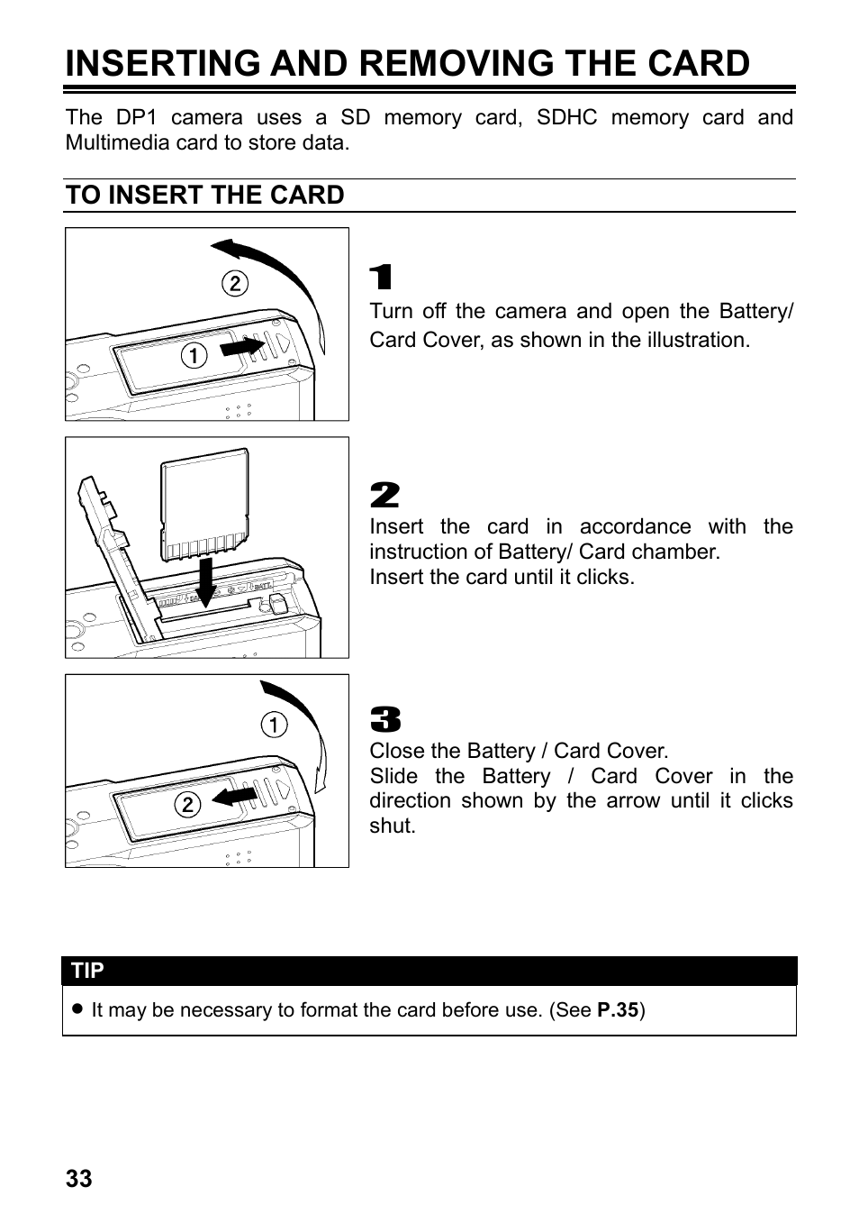 Inserting and removing the card | SIGMA Digital Compact Camera DP1 User Manual | Page 34 / 112