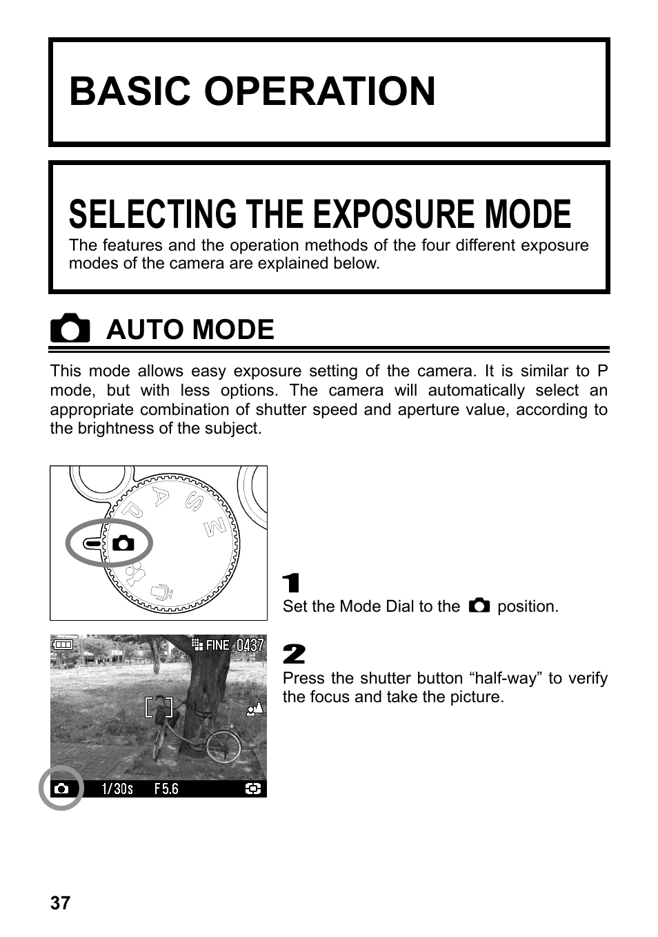 Basic operation, Selecting the exposure mode, Auto mode | SIGMA Digital Compact Camera DP1 User Manual | Page 38 / 112