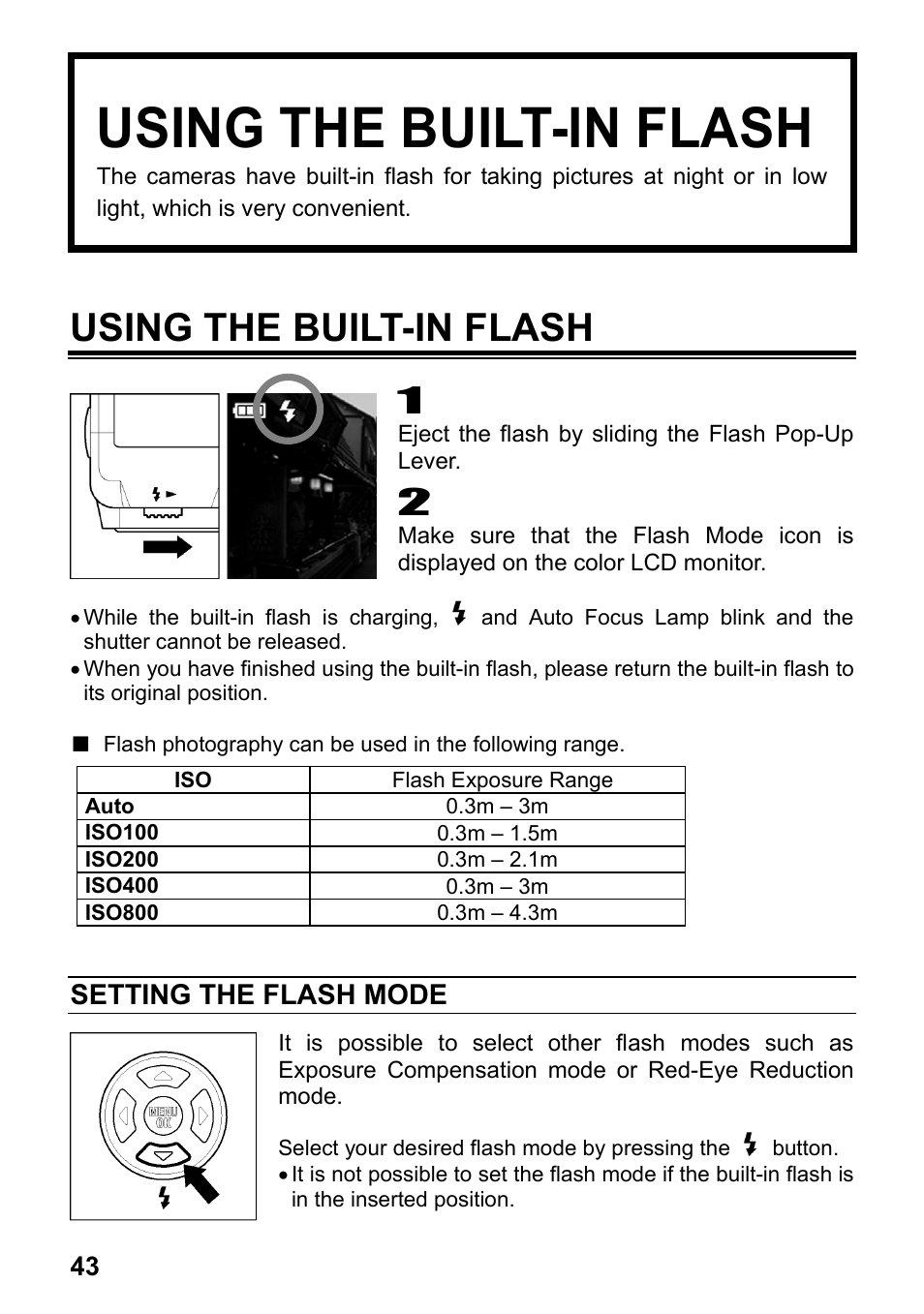 Using the built-in flash, Setting the flash mode | SIGMA Digital Compact Camera DP1 User Manual | Page 44 / 112