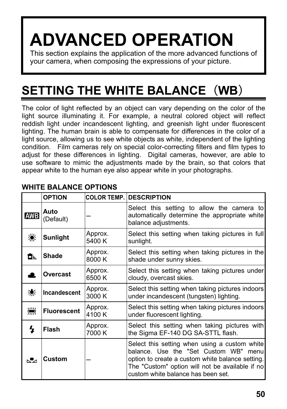 Advanced operation, Setting the white balance （ wb | SIGMA Digital Compact Camera DP1 User Manual | Page 51 / 112