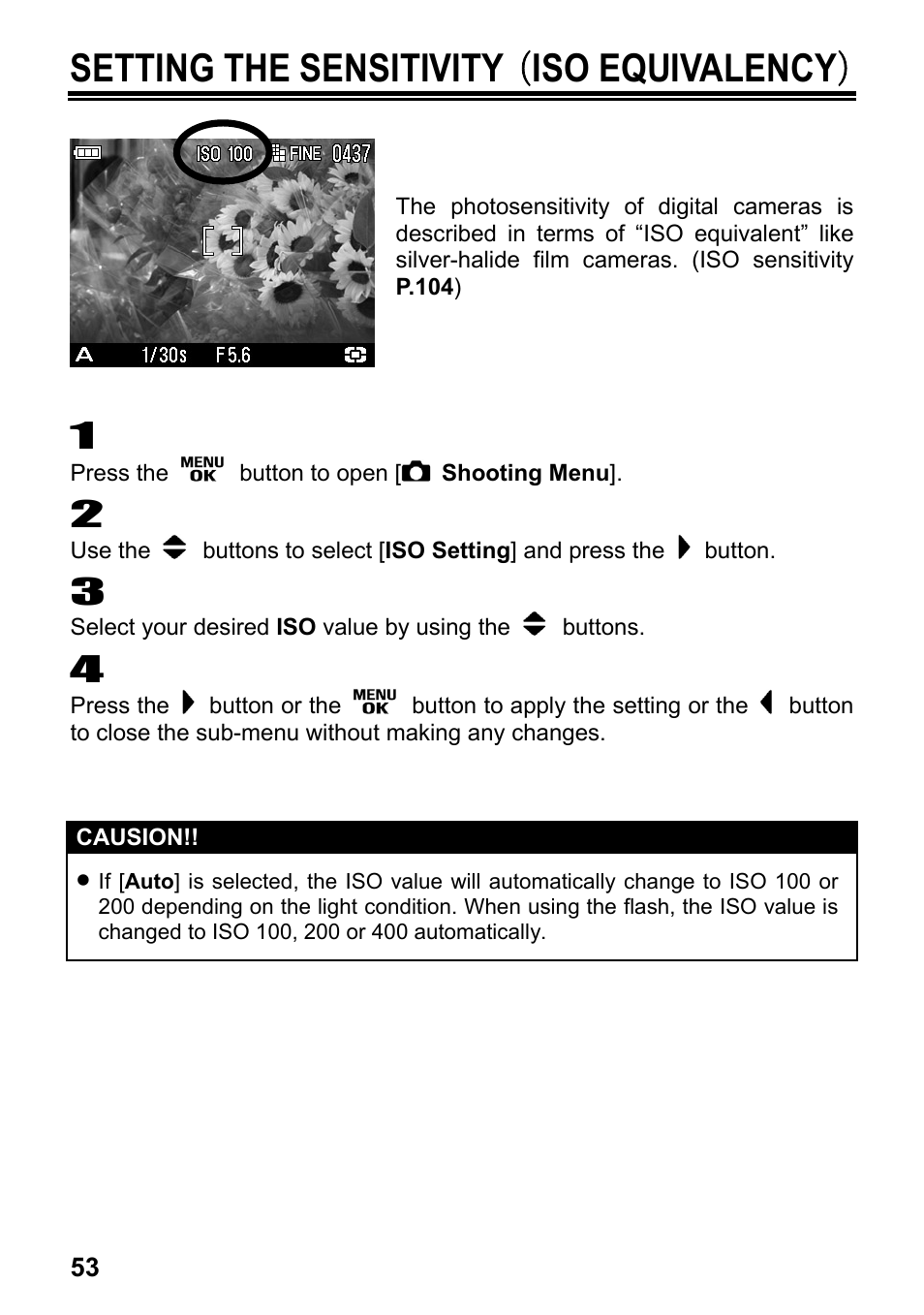 Setting the sensitivity （ iso equivalency | SIGMA Digital Compact Camera DP1 User Manual | Page 54 / 112