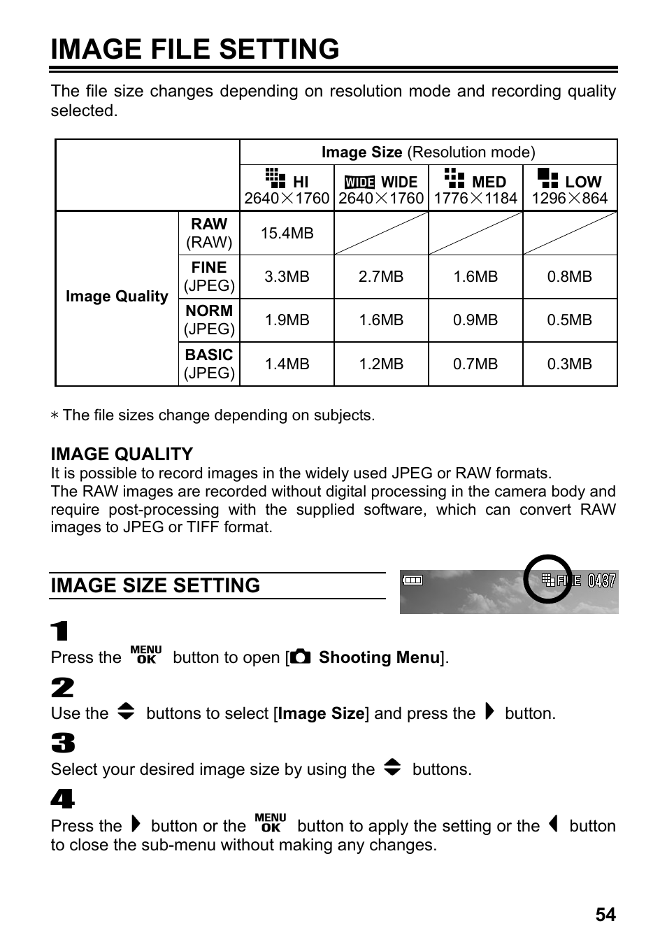 Image file setting, Image size setting | SIGMA Digital Compact Camera DP1 User Manual | Page 55 / 112