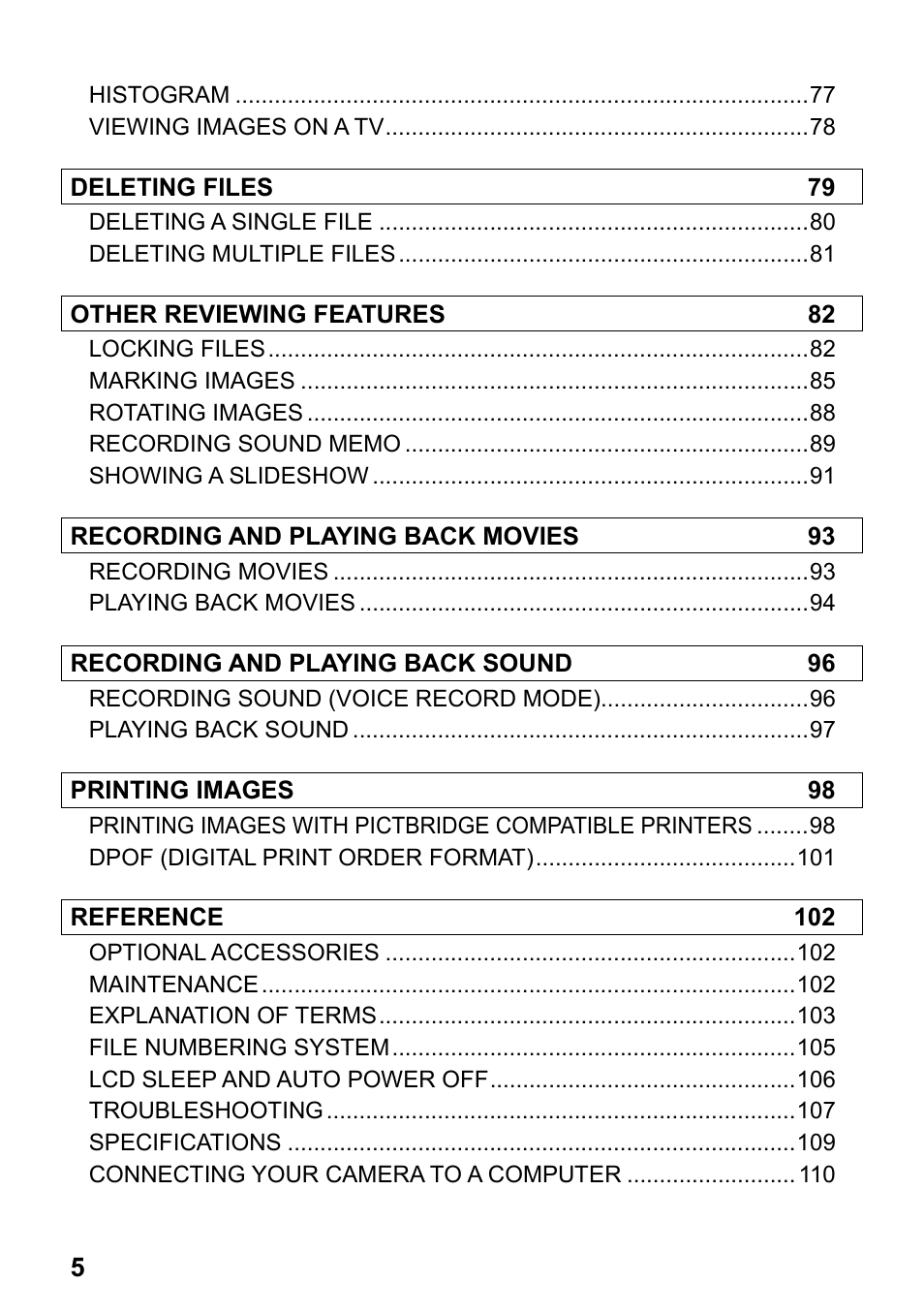 Deleting files 79, Other reviewing features 82, Recording and playing back movies 93 | Recording and playing back sound 96, Printing images 98, Reference 102 | SIGMA Digital Compact Camera DP1 User Manual | Page 6 / 112