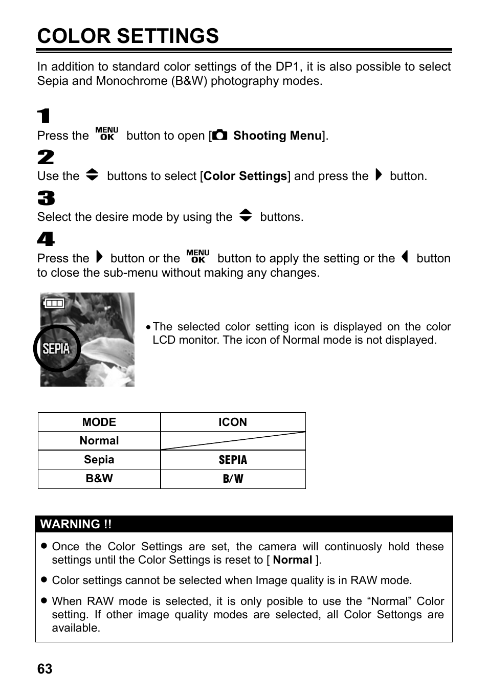 Color settings | SIGMA Digital Compact Camera DP1 User Manual | Page 64 / 112