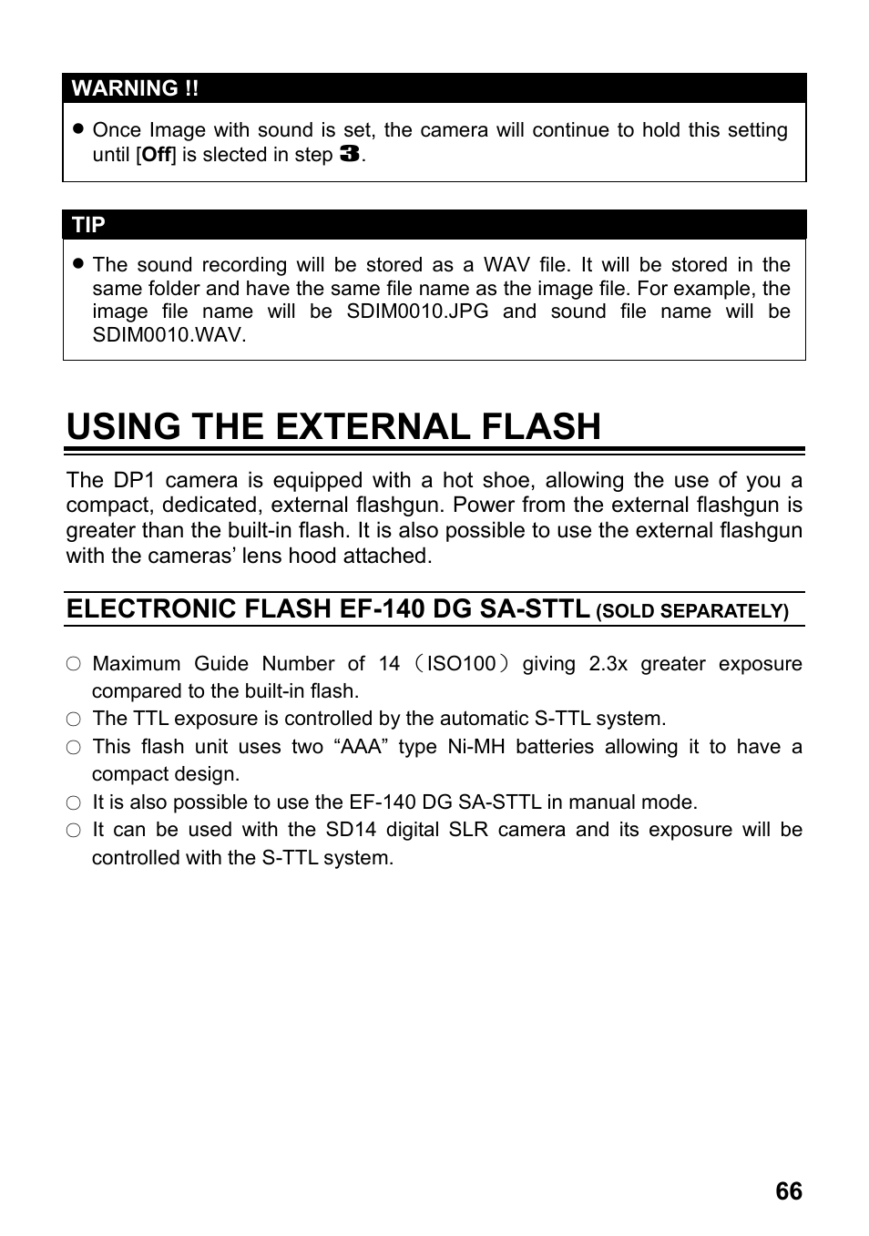 Using the external flash, Electronic flash ef-140 dg sa-sttl | SIGMA Digital Compact Camera DP1 User Manual | Page 67 / 112
