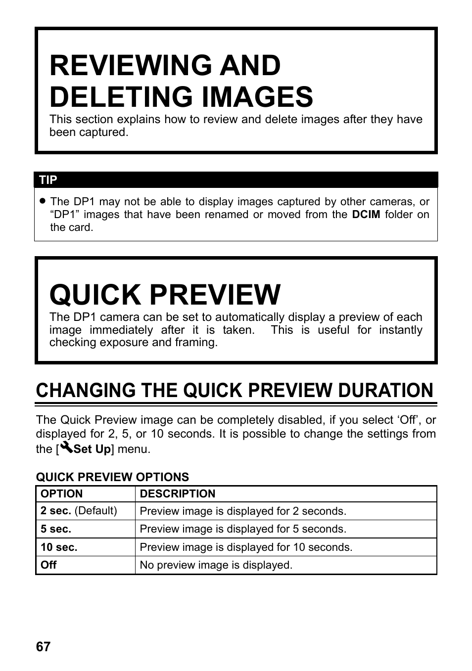 Reviewing and deleting images, Quick preview, Changing the quick preview duration | SIGMA Digital Compact Camera DP1 User Manual | Page 68 / 112