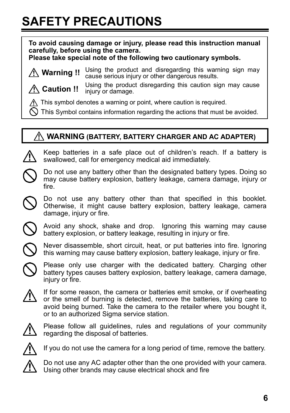 Safety precautions | SIGMA Digital Compact Camera DP1 User Manual | Page 7 / 112