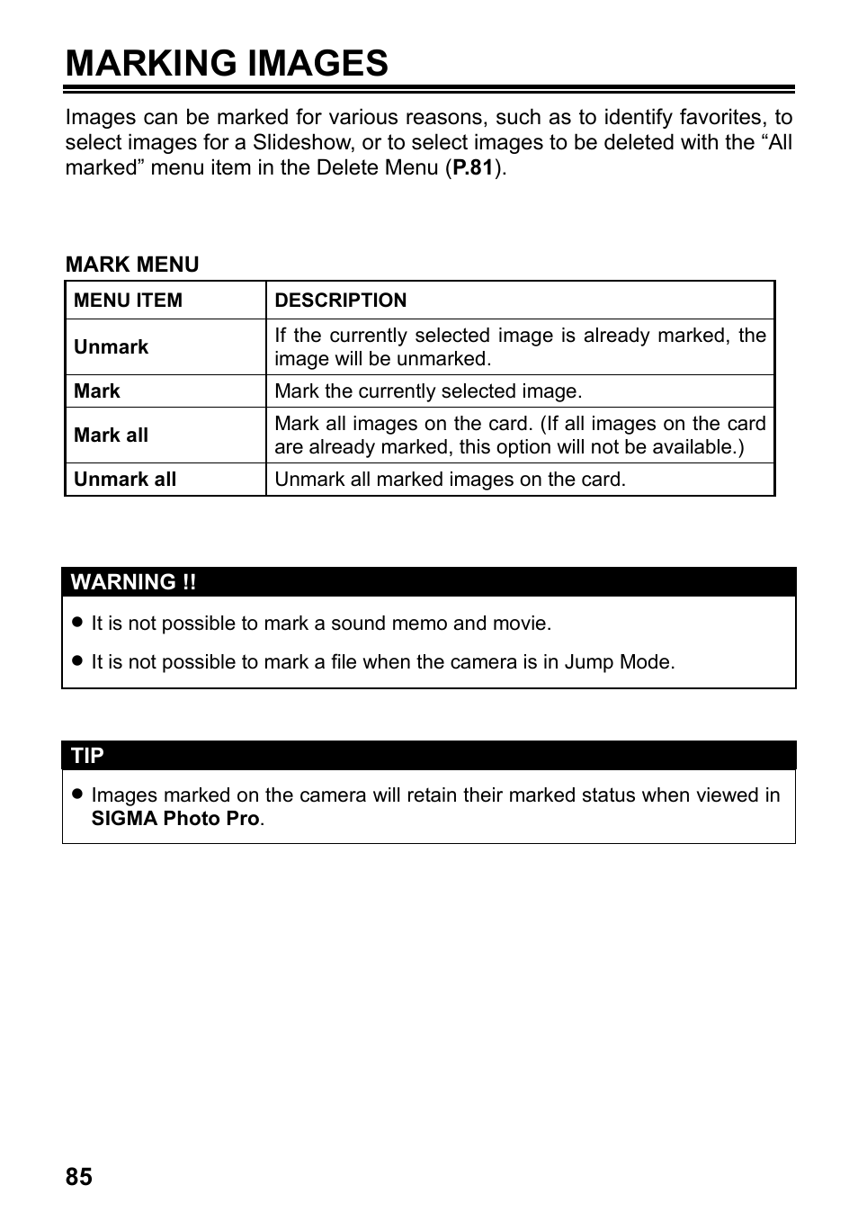Marking images | SIGMA Digital Compact Camera DP1 User Manual | Page 86 / 112