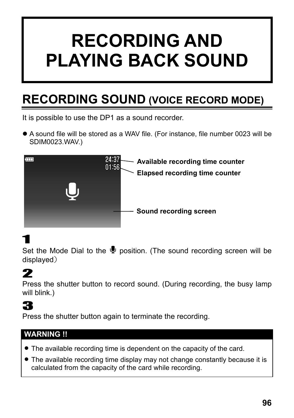 Recording and playing back sound, Recording sound | SIGMA Digital Compact Camera DP1 User Manual | Page 97 / 112