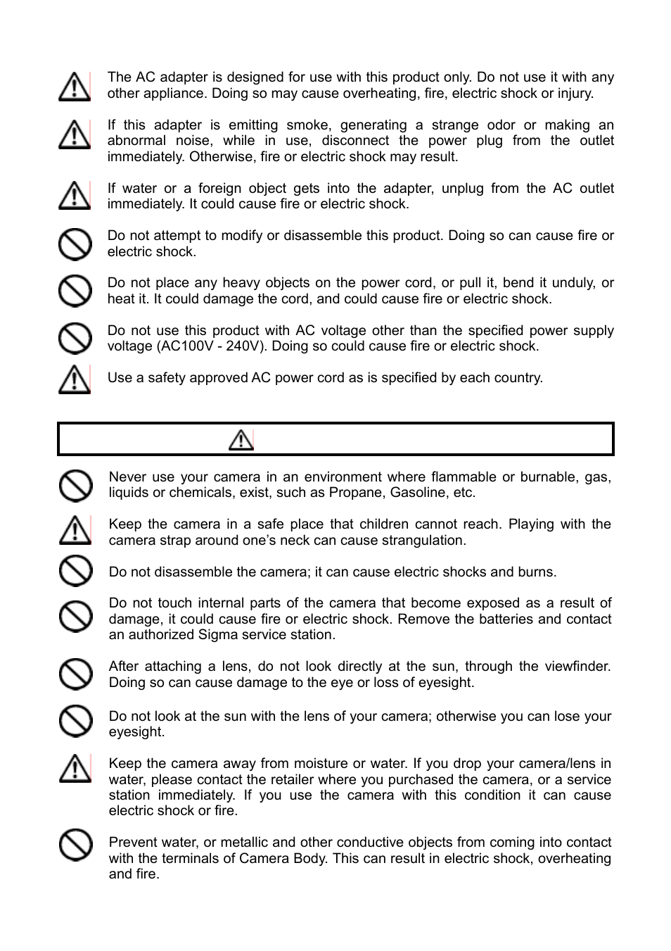 Warning (camera) | SIGMA C21EN0291 User Manual | Page 7 / 116