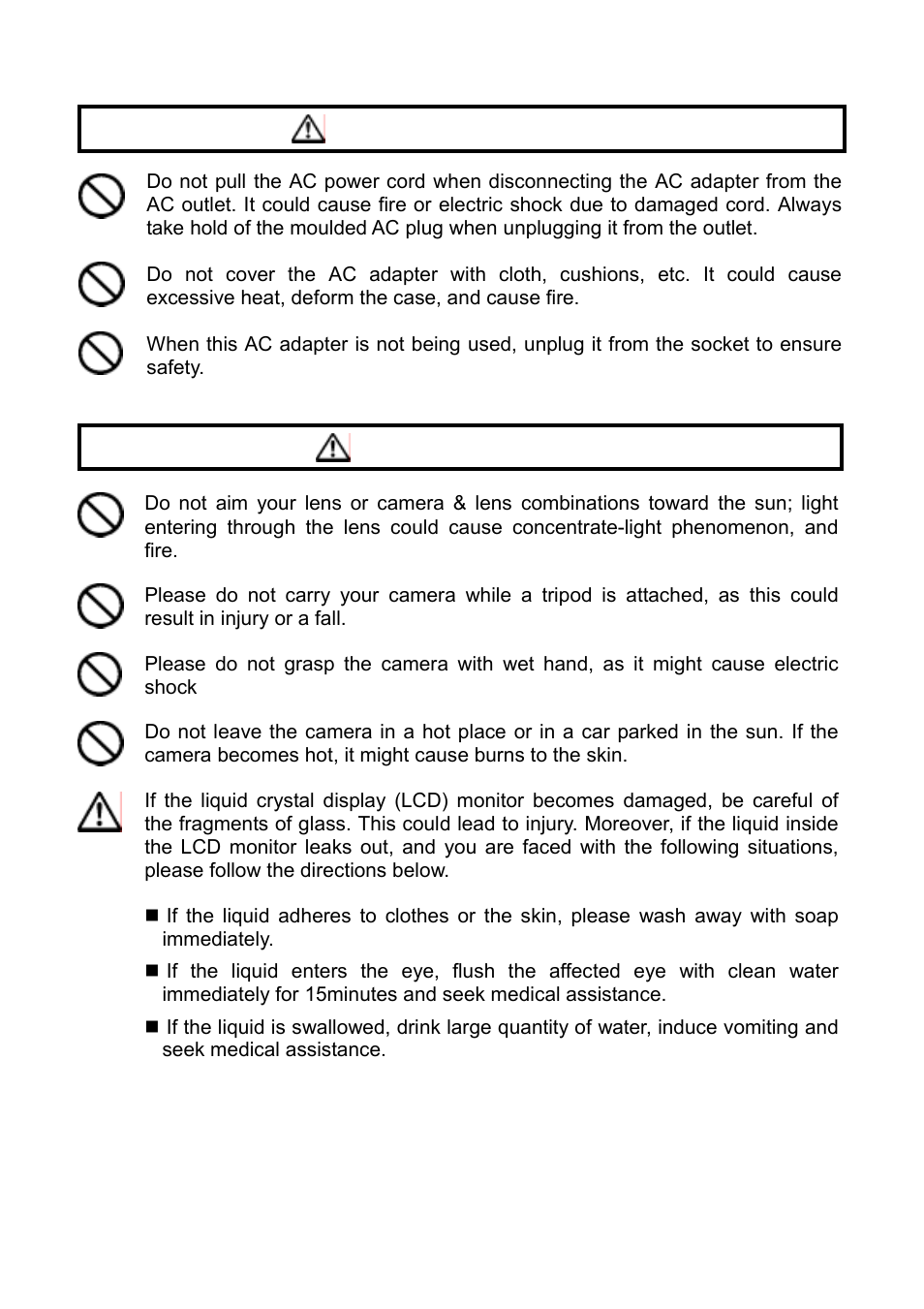 Caution (ac adapter), Caution (camera) | SIGMA C21EN0291 User Manual | Page 8 / 116