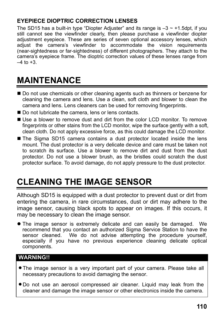 Maintenance, Cleaning the image sensor | SIGMA SD15 User Manual | Page 111 / 124