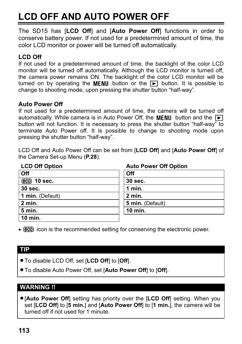 Lcd off and auto power off | SIGMA SD15 User Manual | Page 114 / 124