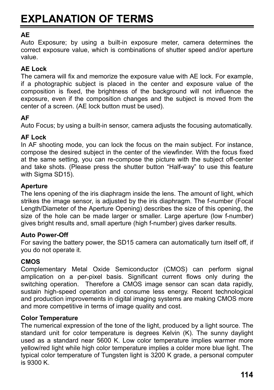 Explanation of terms | SIGMA SD15 User Manual | Page 115 / 124
