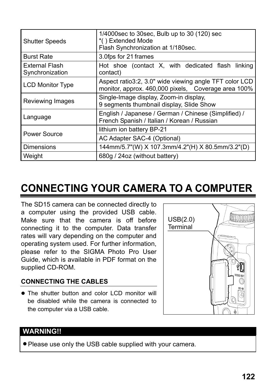 Connecting your camera to a computer | SIGMA SD15 User Manual | Page 123 / 124