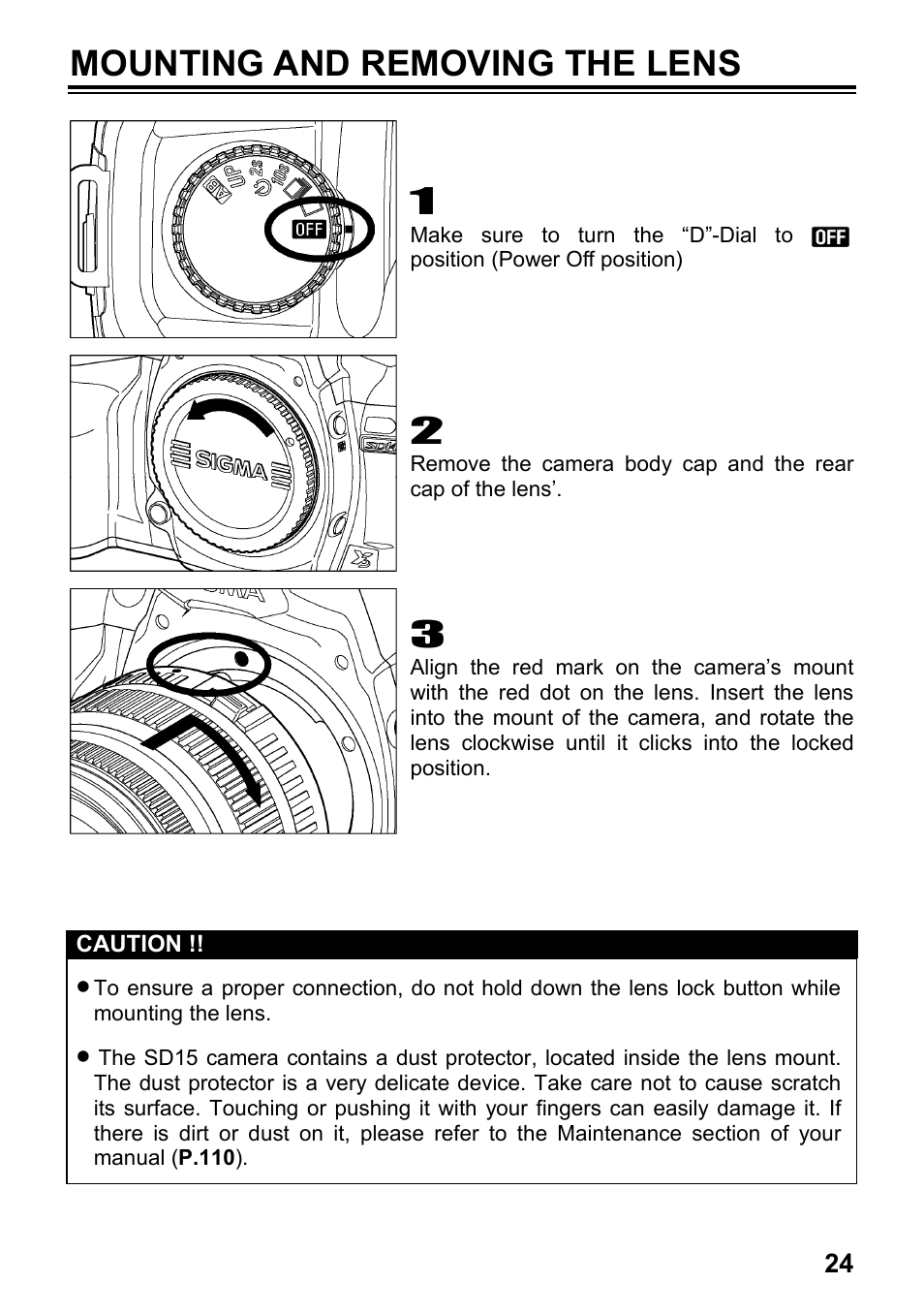 Mounting and removing the lens | SIGMA SD15 User Manual | Page 25 / 124