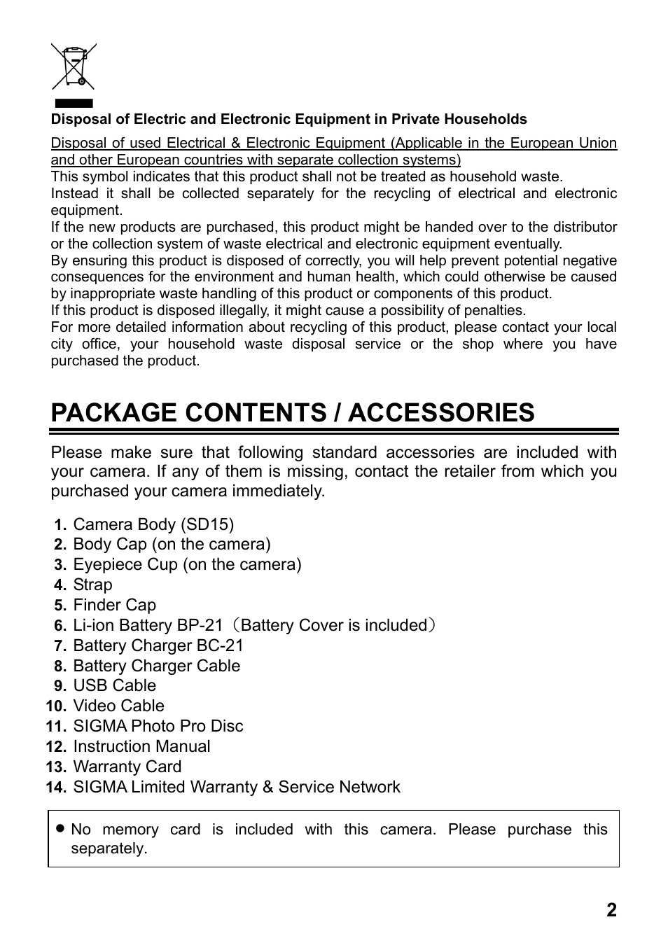 Package contents / accessories | SIGMA SD15 User Manual | Page 3 / 124