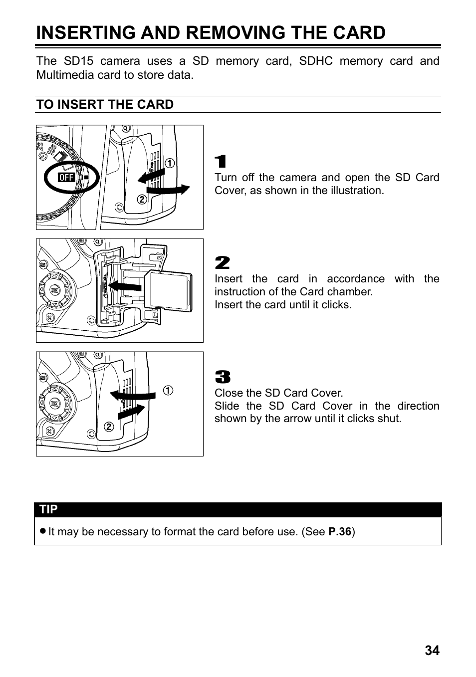 Inserting and removing the card | SIGMA SD15 User Manual | Page 35 / 124