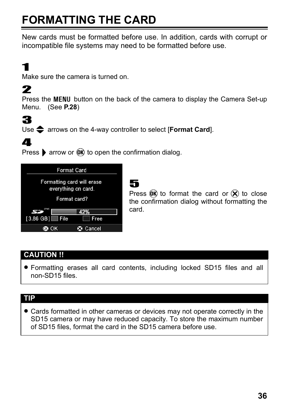 Formatting the card | SIGMA SD15 User Manual | Page 37 / 124