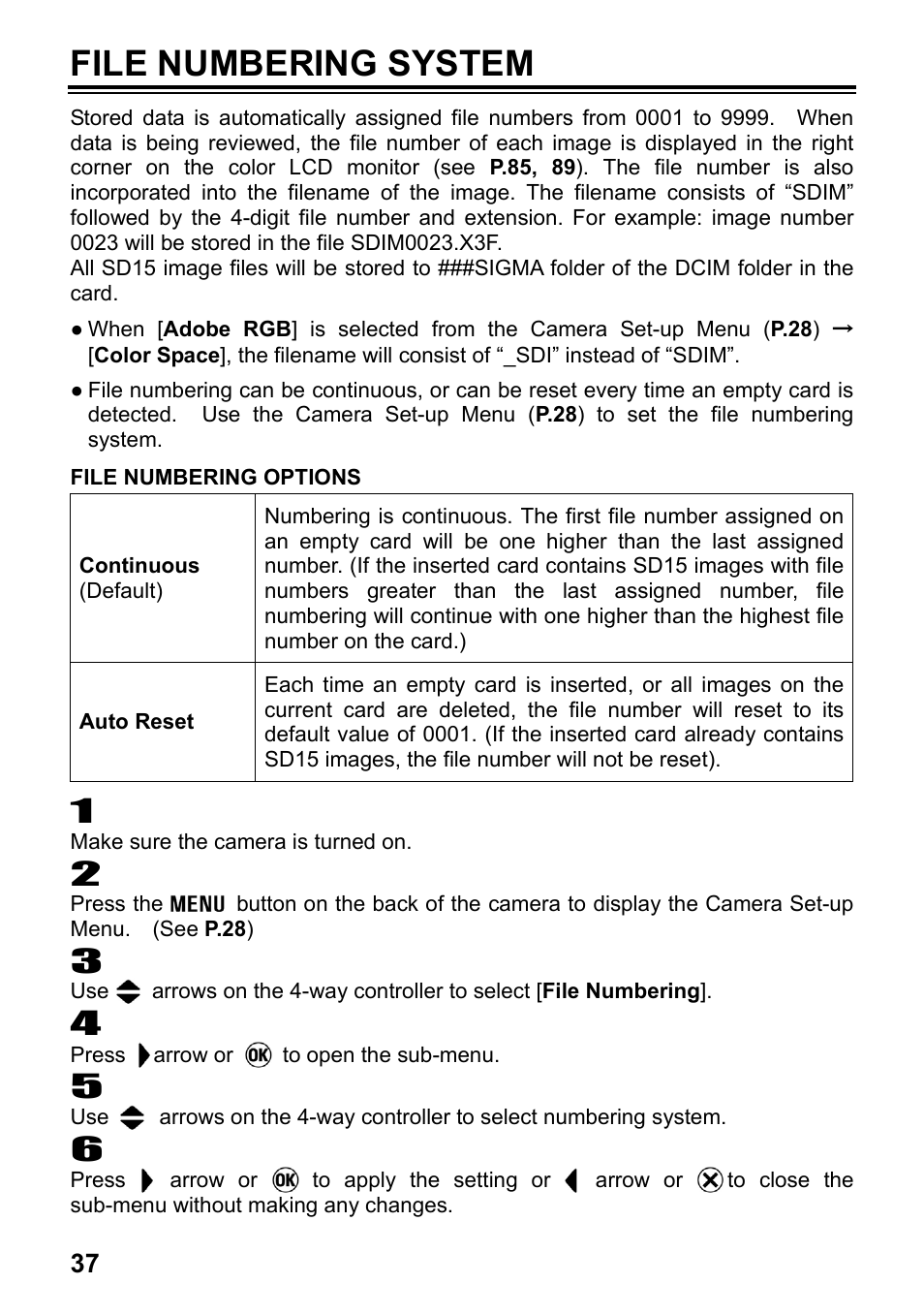 File numbering system | SIGMA SD15 User Manual | Page 38 / 124