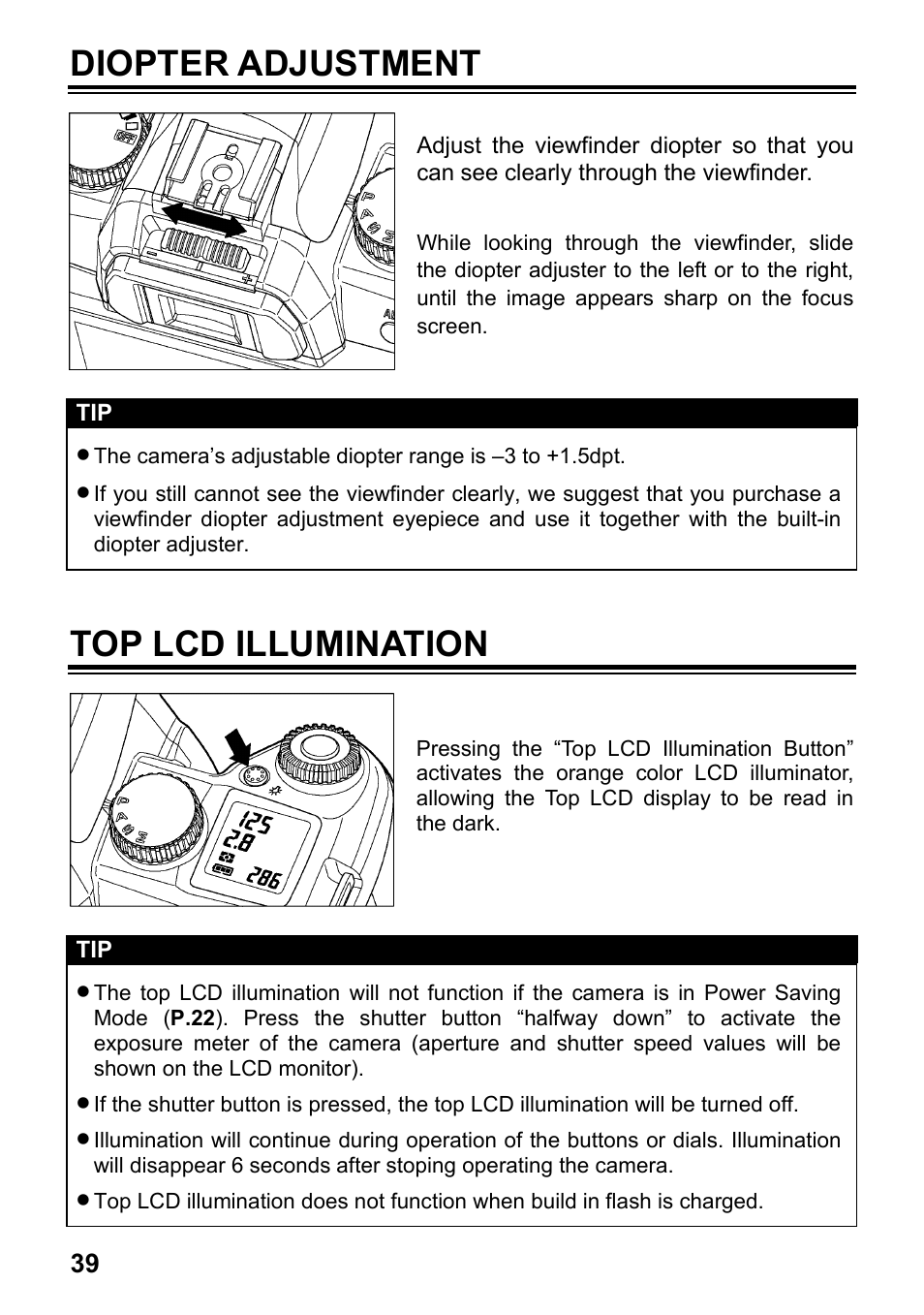 Diopter adjustment, Top lcd illumination | SIGMA SD15 User Manual | Page 40 / 124