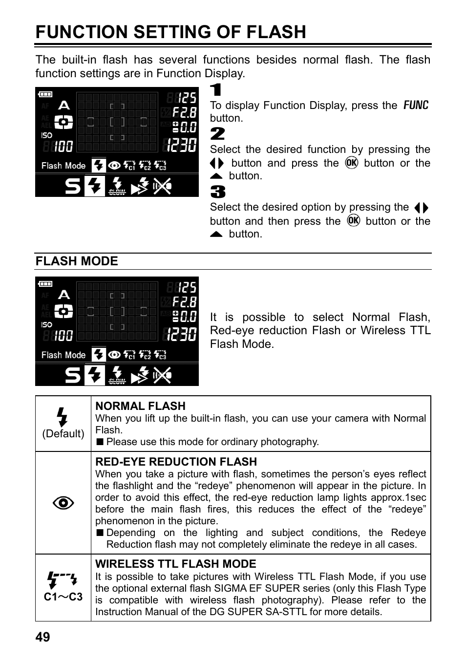 Function setting of flash | SIGMA SD15 User Manual | Page 50 / 124