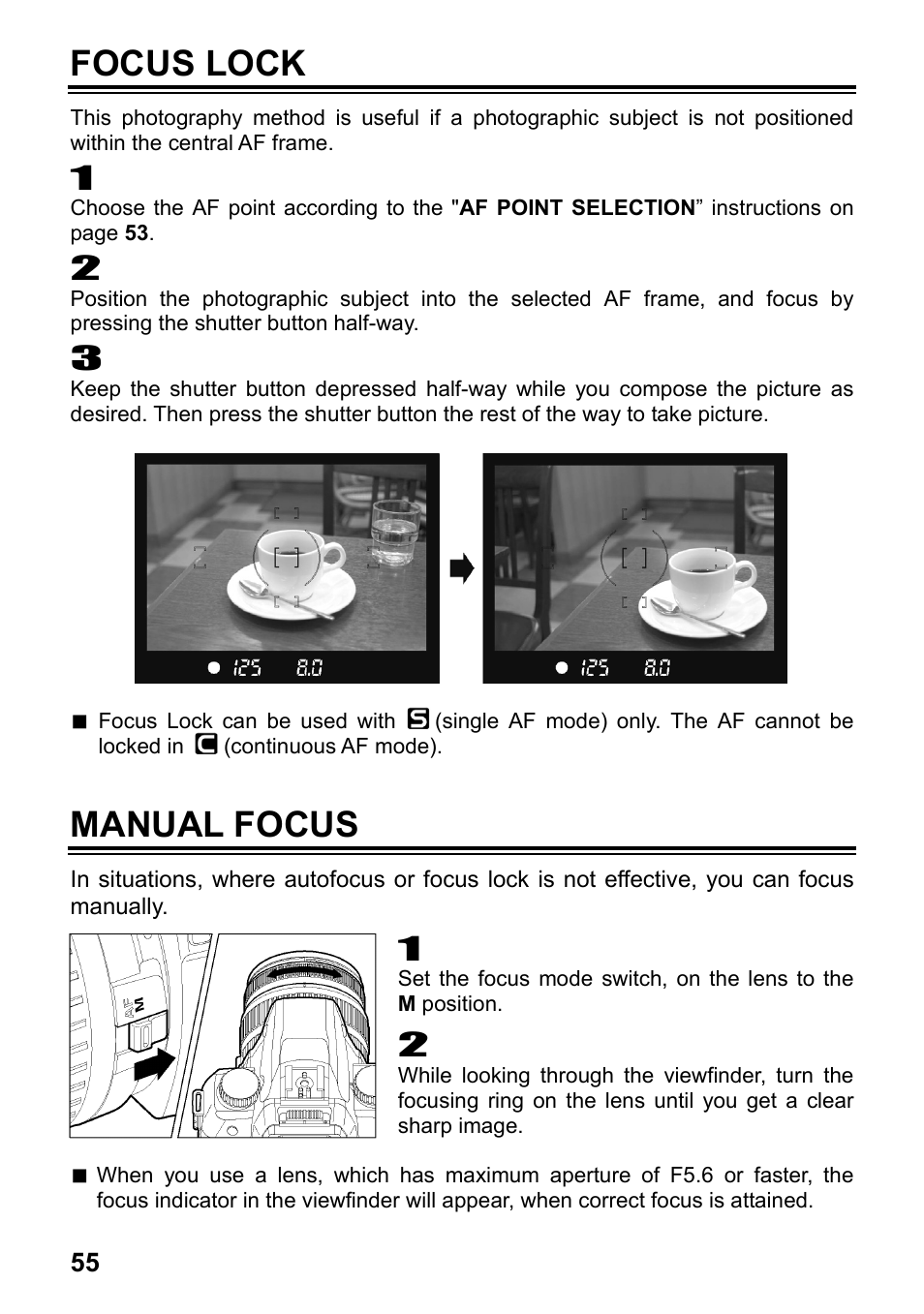 Focus lock, Manual focus | SIGMA SD15 User Manual | Page 56 / 124