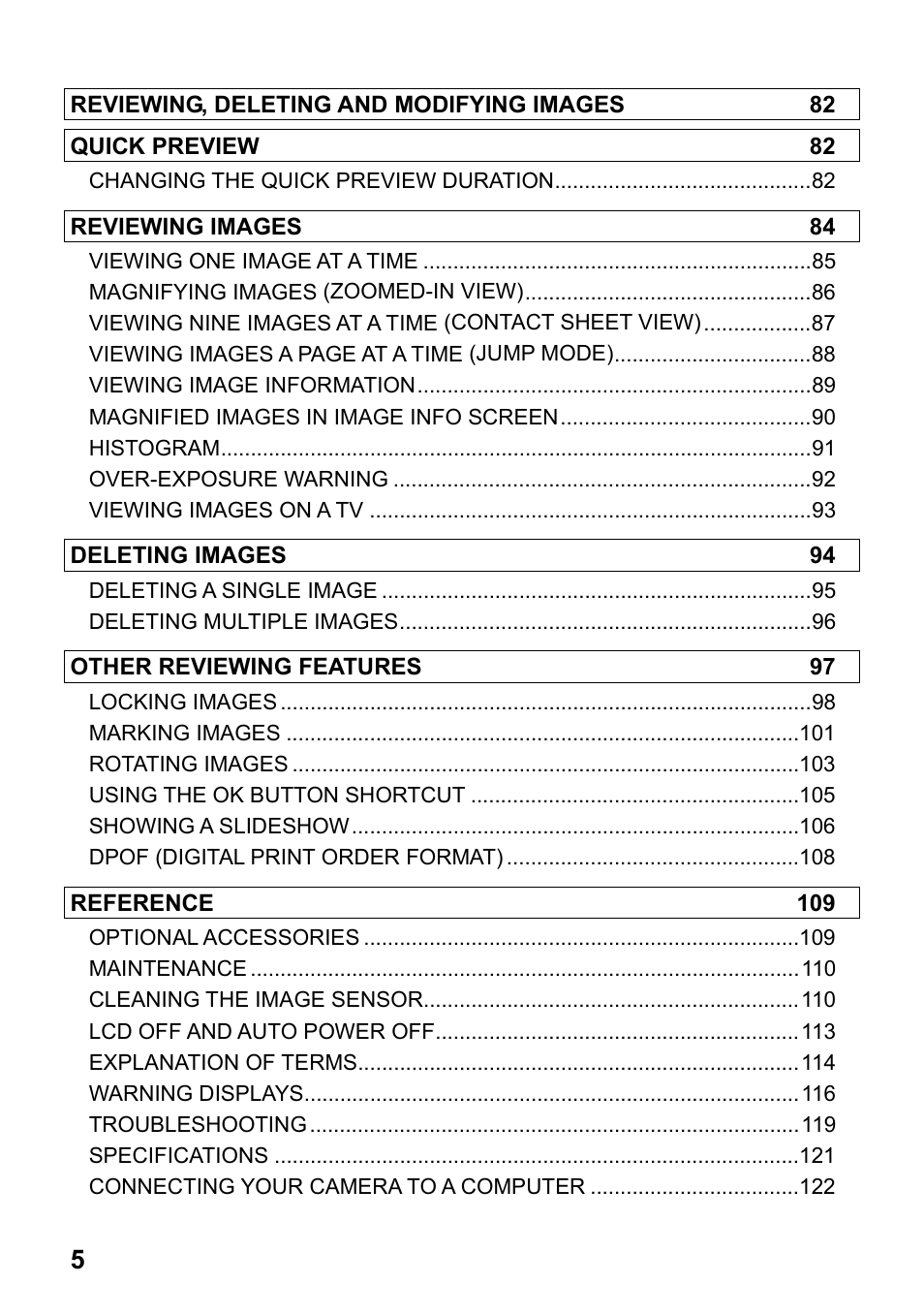 Reviewing, deleting and modifying images 82, Quick preview 82, Reviewing images 84 | Deleting images 94, Other reviewing features 97, Reference 109 | SIGMA SD15 User Manual | Page 6 / 124