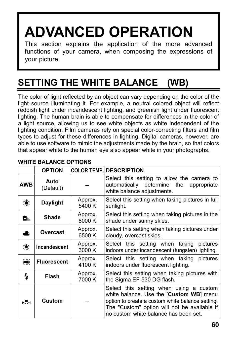 Advanced operation, Setting the white balance (wb) | SIGMA SD15 User Manual | Page 61 / 124