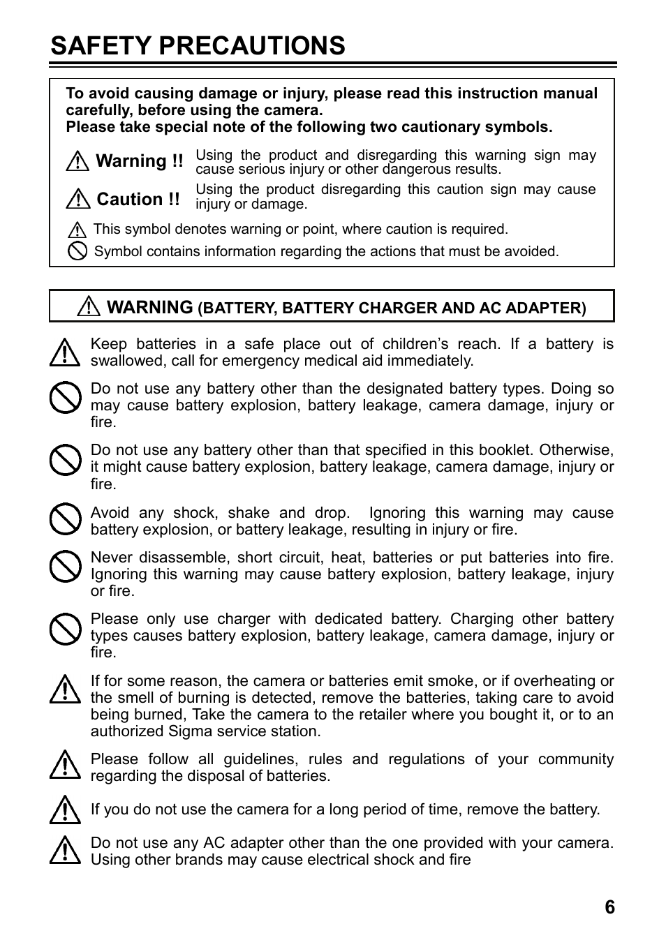 Safety precautions | SIGMA SD15 User Manual | Page 7 / 124