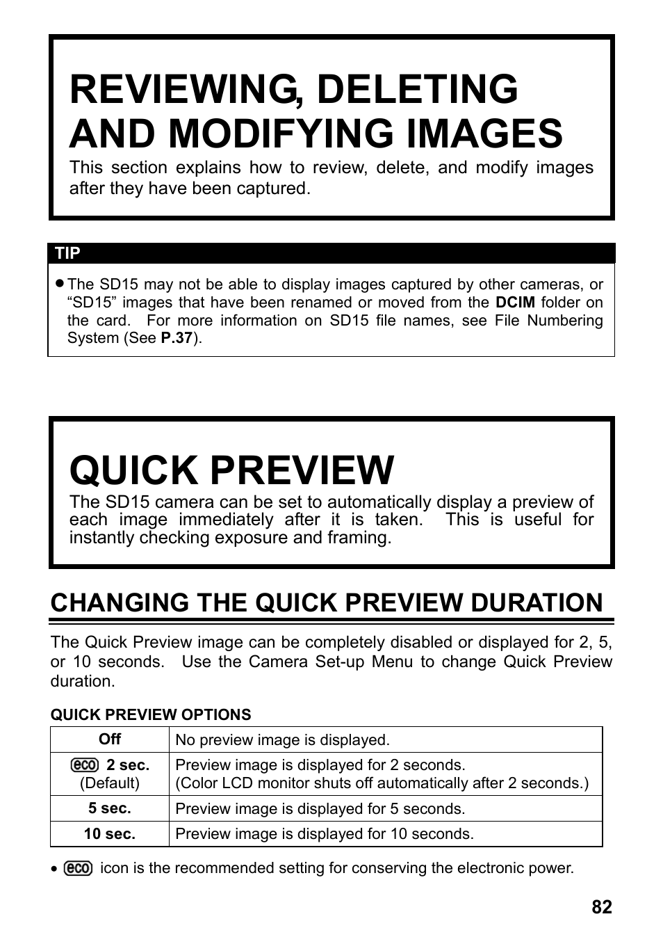 Reviewing, deleting and modifying images, Quick preview, Changing the quick preview duration | SIGMA SD15 User Manual | Page 83 / 124