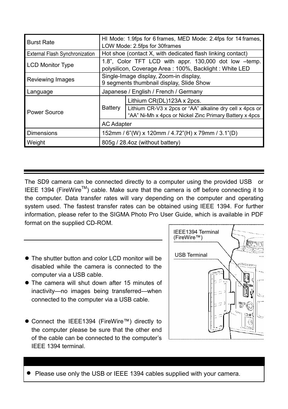 Connecting your camera to a computer, Usb cable, Ieee 1394 (firewire™) cable | Warning | SIGMA SD9 User Manual | Page 115 / 116