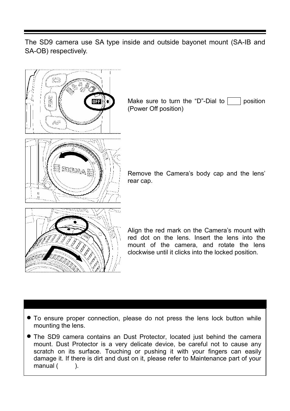Mounting and removing the lens | SIGMA SD9 User Manual | Page 24 / 116
