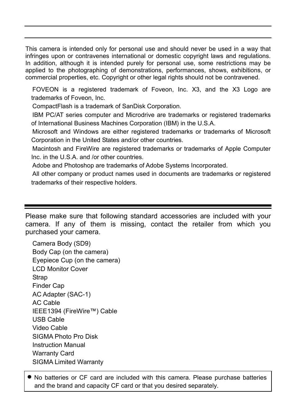 Package contents / accessories | SIGMA SD9 User Manual | Page 3 / 116